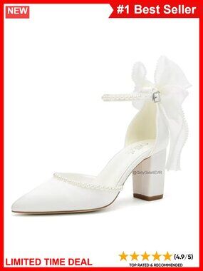 Block Heel Wedding Shoes Pointed Toe Pearl Bow Bridal Heels